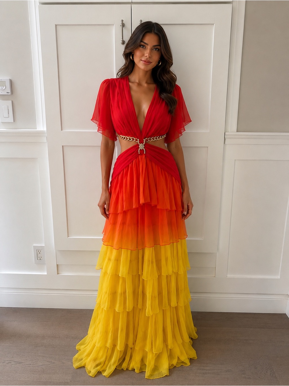 Vibrant Ombre Tiered Ruffle Maxi Dress in Red-Orange-Yellow